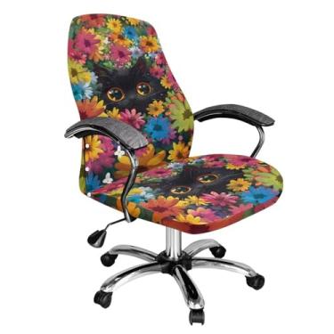 Imagem de Xoenoiee Capa para cadeira de escritório com estampa floral vibrante de gato preto, capa universal extensível para cadeira de mesa, apoio de braço, capas de encosto alto para cadeiras giratórias,