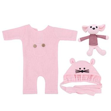 Imagem de SIWOTED 3 unidades/conjunto adereços para fotografia de bebê, roupas de malha macia, chapéu, fantasia de boneca para crianças (Rósea)