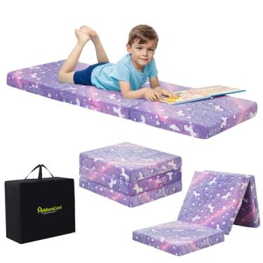 Imagem de MeMoreCool Colchão dobrável para crianças, tapete de cochilo com três dobras de unicórnio brilhante, colchão dobrável para crianças, futon portátil para creche ou cama de chão, 143 x 55 cm, roxo