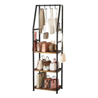 Imagem de CCYRYY Organizador de bolsa com suporte de 3 camadas, moldura de aço para entrada de corredor, com 8 ganchos removíveis, organizador de suporte de cabideiro (marrom rústico)