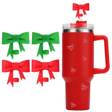 Imagem de HIUSITY Cobertura de palha de laço vermelho de Natal para Stanley Cup, topos de palha de silicone para copo com alça 1,134 g, tampa fofa de 10 mm/0,4 pol, tampas reutilizáveis para acessórios Stanley