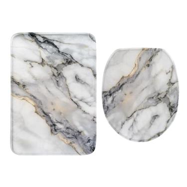 Imagem de Psesaysky Conjunto de tapetes de banheiro macios de mármore branco, 2 peças, tapete de banheiro antiderrapante, capa de assento de vaso sanitário fofa para banheiro, tapete absorvente de água, lavável