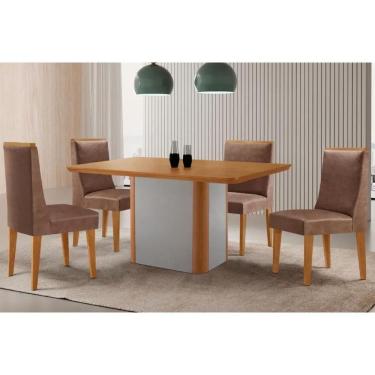Imagem de Sala Jantar Mesa Pietá Tampo Curvo 120cm+4 Cadeiras Dakota Madeira Naturale/Off White - Capuccino/Corano Capuccino - Rufato