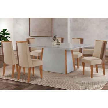 Imagem de Sala Jantar Mesa Tilia Tampo c/ Vidro Curvo 180cm+6 Cadeiras Tilia Naturale/Off White - Suede Creme - Rufato