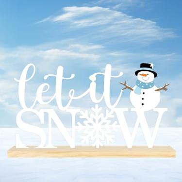 Imagem de Placa de metal de inverno Let It Snow, decoração de mesa de Natal de inverno com base de madeira, decorações de férias para casa, escritório, prateleira, cornija, interior, placa central de Natal para