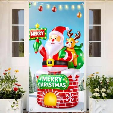 Imagem de BlissYard Capa de porta de Natal para férias 99 x 188 cm fundo de chaminé de rena de papai noel inflável tecido de poliéster decoração de casa festiva cenário de fotografia exibição de entrada sazonal