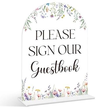 Imagem de Please Sign Our Guestbook Sign - Sinais de chá de panela de flores silvestres, 1 pacote de placa de acrílico com suporte, centro de mesa de chá de panela para mesas, decoração de recepção de casamento