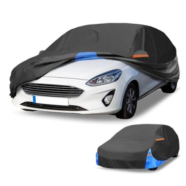Imagem de Partuto Capa de carro à prova d'água para todos os climas - proteção externa total resistente a UV para Ford Fiesta Hatchback 210D-PU preto azul com zíper lateral direito