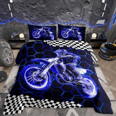 Imagem de Feelyou Jogo de cama infantil de corrida de motocross, tamanho Queen, para esportes radicais, ultramacio, colorido, moderno, com estampa de bandeira de favo de mel, decoração de quarto