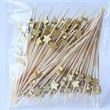 Imagem de 100 peças/50 peças de palitos de coquetel de bambu com estrela dourada - palitos de bambu de grau alimentício para aperitivos, frutas, sobremesas, decoração de festa (12 cm/4,72 polegadas) (100 peças)