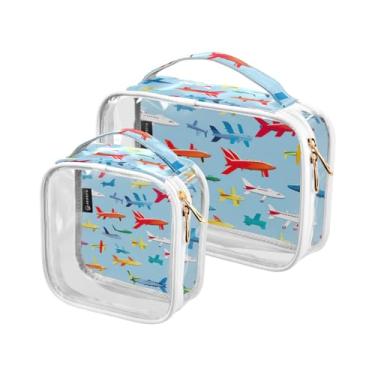 Imagem de GAIGEO Conjunto de 2 sacos de higiene pessoal transparentes, tabuleiro de xadrez verde com margaridas brancas, conjunto de bolsas transparentes para viagem, Aviões coloridos no ar - 2, one size