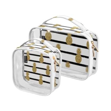 Imagem de GAIGEO Conjunto de sacolas de higiene pessoal transparentes de abacaxi dourado com glitter repetido, bolsas de plástico transparente para cosméticos, acessórios de viagem, pacote com 2, Glitter