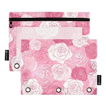 Imagem de Estojo para fichário rosa rosa vermelho branco com puxadores de zíper, bolsa frontal transparente com zíper, bolsa de lápis para escola, pacote com 2