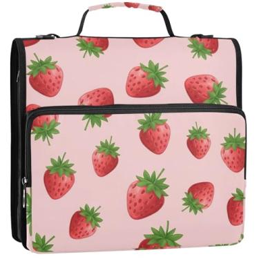 Imagem de Organizador de fichário com zíper morangos rosa 3 fichários anel D 1,5 polegadas fichários para estudantes com alça bolsa de ensino médio estojo portfólio com alça 34,5 x 31,5 x 8,9 cm