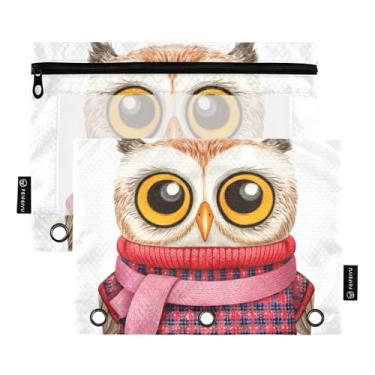 Imagem de Pasta de lápis para sala de aula com 3 anéis, estojo para canetas, fichário, pastel, transparente, escola, vintage, coruja, xadrez, branco, fofo, 25 x 18 cm, 2 pacotes