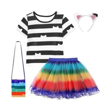 Imagem de Conjunto De Camiseta Listrada Preta E Branca Para Crianças Com Saia E 