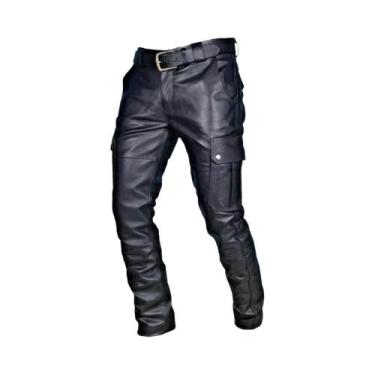 Imagem de Calças De Couro Masculinas Para Motocicleta Com Bolsos Cargo PU Sem Ci