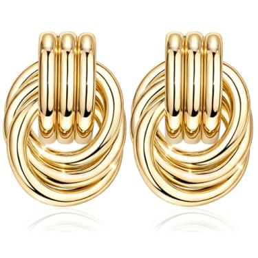 Imagem de Poxtex Brincos femininos com pingente grosso, banhado a ouro 14 K, joia sem manchas, presente feminino, Medium, Ouro amarelo, Sem pedra preciosa