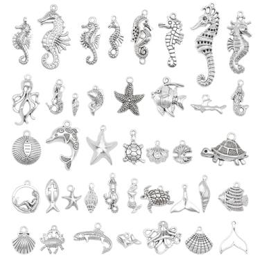 Imagem de Julie Wang 90 peças, pingentes de liga de prata antiga, oceano, cauda de sereia, cavalos-marinhos, concha, estrela-do-mar, pingentes mistos para colar, pulseira, joias de praia de verão, DIY