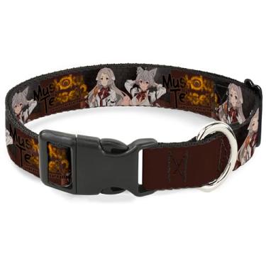 Imagem de Coleira para animais de estimação Crunchyroll, fivela de plástico para coleira de cachorro, pose Mushoku Tensei Pursena e Minitona e logotipo do título, marrom, 28 a 40 cm de largura
