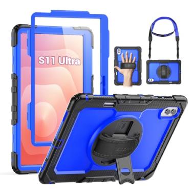 Imagem de SEYMAC Capa para Samsung Galaxy Tab S11 Ultra 5G 14,6 polegadas 2025, capa protetora resistente à prova de choque com protetor de tela, suporte giratório e alça de mão/ombro, azul escuro