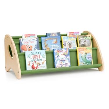 Imagem de yoopin Estante de livros infantil, organizador de livros de 4 camadas com bolsos de armazenamento de tecido, estantes de madeira com visor frontal aberto, prateleira de livros Montessori para berçário