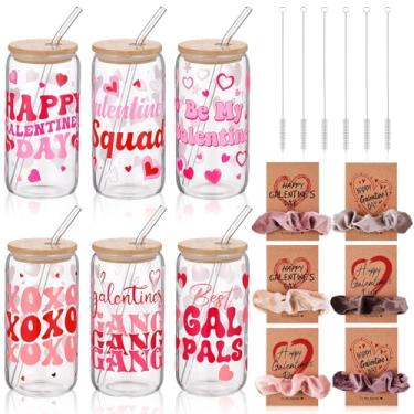 Imagem de Willinglong Conjunto de 6 copos de vidro Galentine's Day com elásticos de cabelo com cartões, copo de 6 corações de 473 ml com tampas e canudos de bambu, 6 laços de cabelo macios de veludo, presentes