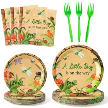 Imagem de K1tpde Utensílios de mesa de festa de insetos de primavera - 96 peças de pratos de papel e guardanapo, utensílios de jantar descartáveis com tema de insetos com garfos de plástico verde para decoração