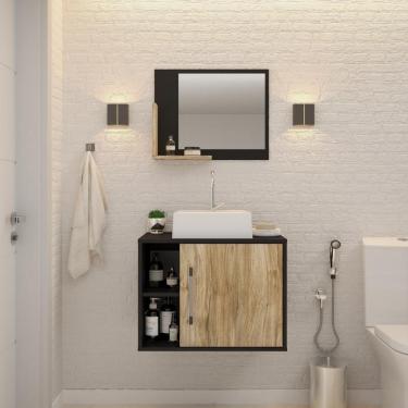 Imagem de Conjunto Balcão C-cuba Q32 E Espelheira Soft 600 Preto ônix C-branco Chess Preto ônix C-carvalho