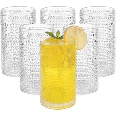 Imagem de FTOFHOLD Hobnail Conjunto de 6 copos de vidro Boho transparentes em relevo, grande capacidade, artigos de vidro vintage pesados, 425 g, conjunto de copos para uísque, cerveja, suco, leite