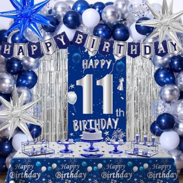 Imagem de Decorações de aniversário de 11 anos para meninos meninas, azul prata feliz 11º aniversário menino decoração banners de festa de 11 anos balões decorações toalha de mesa fundo fundo estrela balões 11º