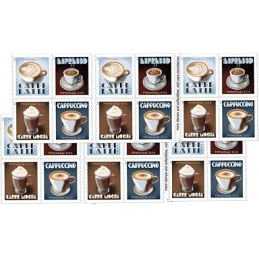 Imagem de United States Postal Service Usps Espresso Drinks Primeira Classe Forever Selos Postais 2 Livros De 20 Café Caffe Latte Cappuccino Aniversário Aniversário Casamento Comemore (40 Selos)