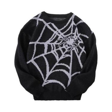 Imagem de Suéter Casual De Tricô Com Padrão De Teia De Aranha Para Homens, Gola 