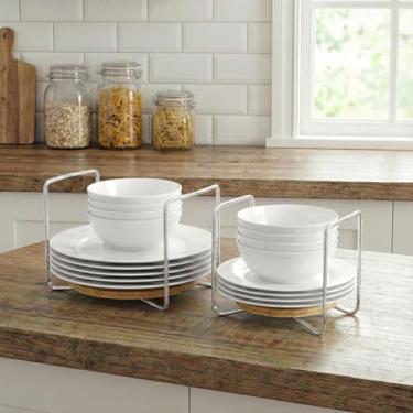 Imagem de APRTAT Escorredor de pratos de bambu ajustável - escorredor de pratos de aço inoxidável 304 para cozinha | Essenciais de balcão para organização e secagem eficientes de pratos (natural, 1 pequeno e 1