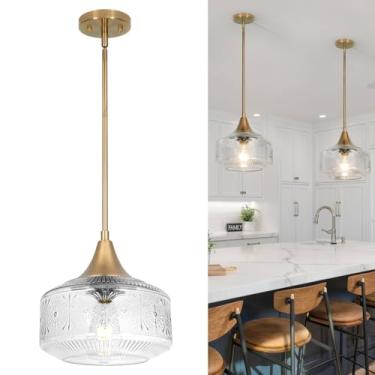 Imagem de Luminária pendente de ouro antigo de 22 cm com sombra de vidro, luzes pendentes vintage ilha de cozinha luzes pendentes escovadas para cozinha, luzes suspensas ajustáveis de meados do século para