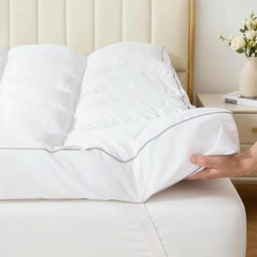 Imagem de Topper de colchão duplo de espuma viscoelástica com espuma triturada extragrossa de 7,6 cm, capa de colchão 100% algodão, respirável e amigo da pele, com tiras de âncora