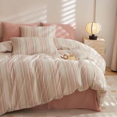 Imagem de HighBuy Conjunto de edredom de tamanho casal, 3 peças, listrado, branco, rosa, guingão, leve, alternativo, para todas as estações, 1 edredom listrado com 2 fronhas