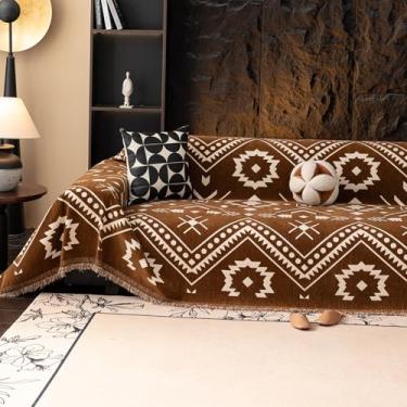 Imagem de VClife Capa de sofá Boho para sofá de chenille em forma de L, capa de sofá branca e marrom para animais de estimação, capa de sofá lavável para 2 almofadas, capa de futon com borla, 180 cm x 299 cm