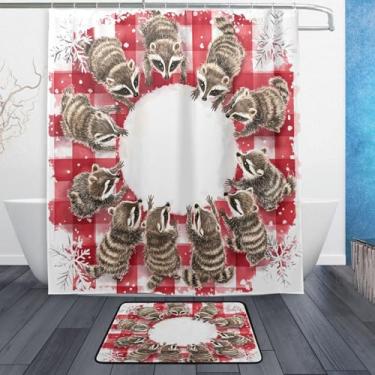Imagem de xigua Lindo conjunto de tapetes de cortina de banho guirlanda de Natal guaxinim 2 peças, conjunto temático de banheiro (152 x 182 cm) com cortina de chuveiro e tapete antiderrapante -12 ganchos514