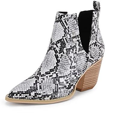 Imagem de FISACE Bota feminina com corte em V, bico fino, pele de cobra, grosso, empilhado, salto médio, 2 cobras, 5