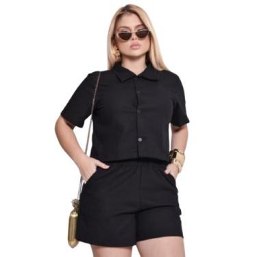 Imagem de Conjunto Feminino Shorts com Bolso e Camisa Botões - - DecoShop, Preto