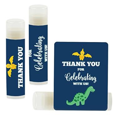Imagem de Andaz Press Bálsamo Labial Lembrancinhas de festa de aniversário, Obrigado por celebrar conosco, fundo azul marinho de dinossauro, pacote com 12, presentes de decoração de festa temática de dinossauro para convidados