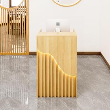 Imagem de Mesa de recepção moderna de madeira natural com balcão e gavetas - Balcão de caixa fácil de instalar para casa, escritório, salão, spa e lobby - 60 * 40 * 96 cm