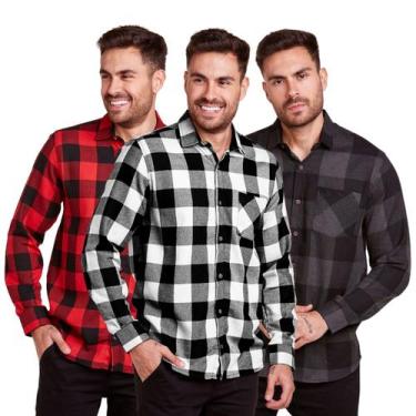 Imagem de Kit 3 Camisas Xadrez Masculino Flanelado Manga Longa - Daze Modas, Pre