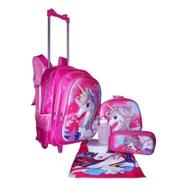 Imagem de Kit Mochila Unicórnio Infantil Feminina 3D Lancheira Rodinha