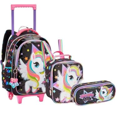 Imagem de Kit Mochila De Rodinhas Menina Estojo Lancheira Unicórnio