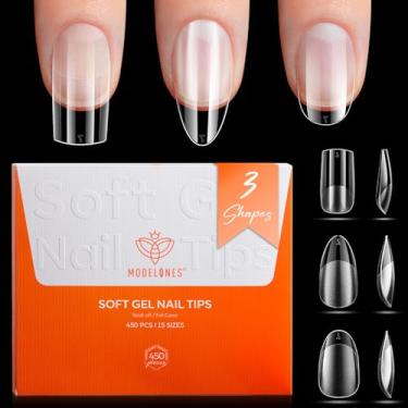 Imagem de Modelones Pontas curtas de amêndoa, quadradas e redondas – Conjunto de 3 estilos de pontas de gel, metade fosca, kit de gel acrílico transparente, unhas postiças para extensão, salão de beleza, 450