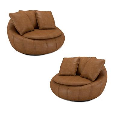 Imagem de Kit 2 Poltronas Giratória Sala de Estar com Almofadas Afrodite Caramelo Manchado PU G45 - Gran Belo