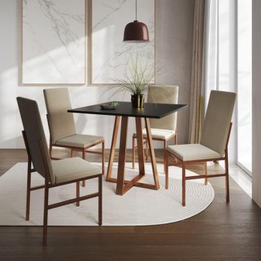 Imagem de Conjunto De Jantar Mesa Mônaco Premium 90cm Preta Com 4 Cadeiras Estofadas Bege Base Cobre Preto