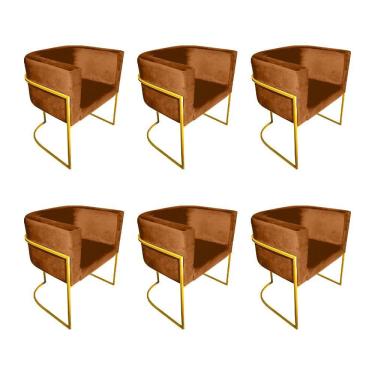 Imagem de Kit 6 Poltronas Decorativa Sala De Estar Base De Ferro Dourada Veludo Terracota Laranja